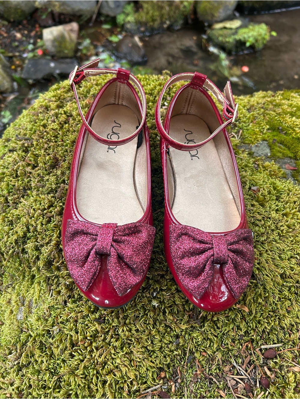 SUGAR - Girls Red Glitter Bow Ankle-Strap Flats